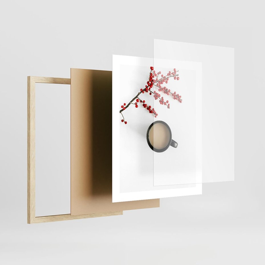 Plakat w ramie 40x50 - Filiżanka Kawy z Gałązką Jarzębiny - kawa, gałązka jarzębiny - rama drewno