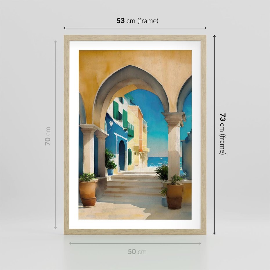Plakat w ramie 50x70 - Nadmorskie Łuki - akwarela, śródziemnomorski klimat - rama drewno