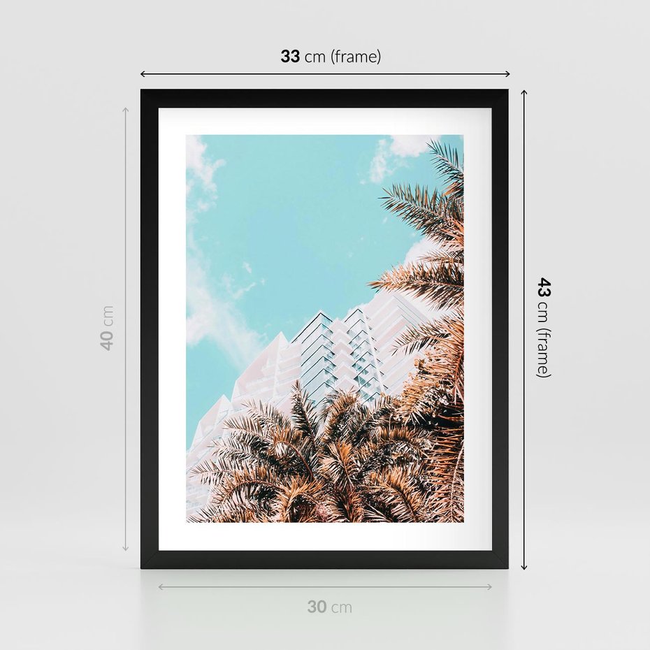 Plakat w ramie 30x40 - Wakacyjny Raj - palmy, wysokie budynki - rama czarna