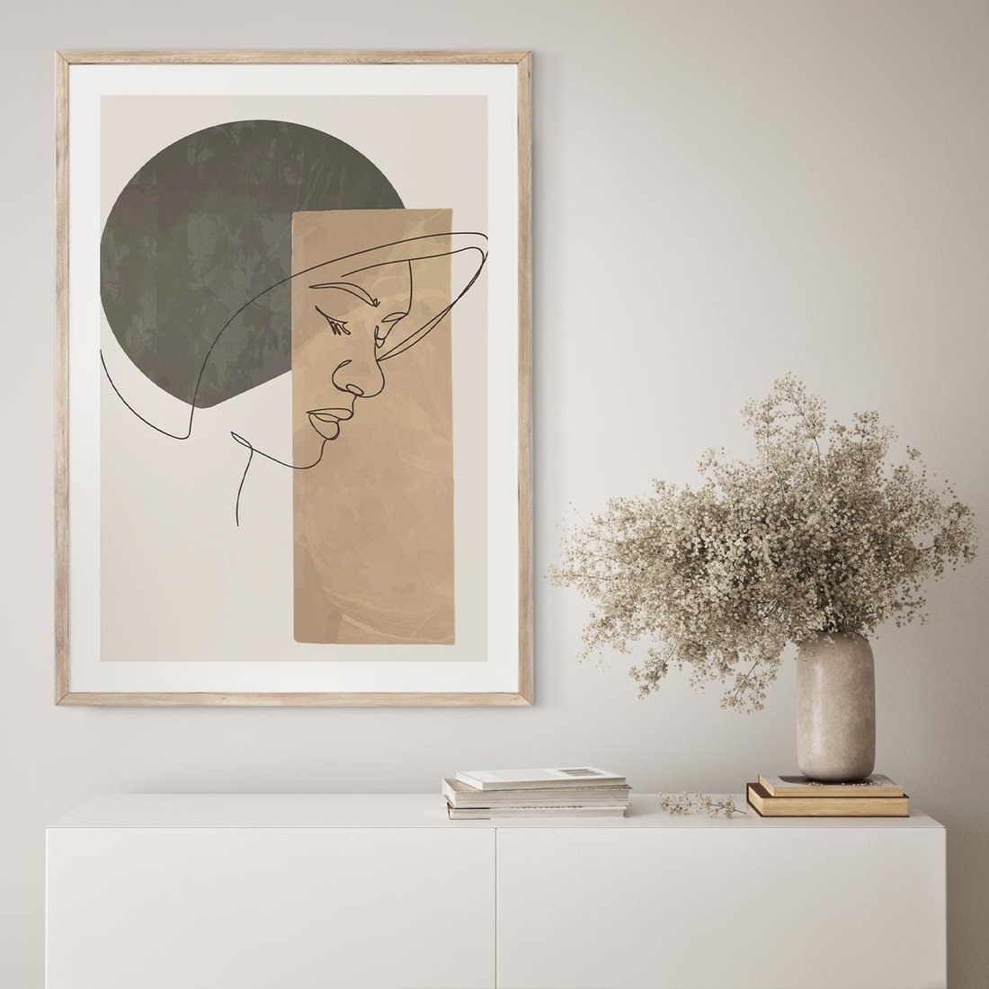 Plakat w ramie 50x70 - Jedną Linią: Kobieca Twarz - abstrakcja, plamy w tle - rama drewno