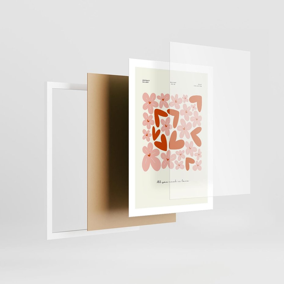 Plakat w ramie 50x70 - Miłość w Kompozycji - grafika, kompozycja kwiaty i serca - rama biała