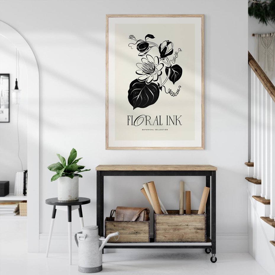 Plakat w ramie 30x40 - Odbicie kwiatowych chwil - kwiaty, typografia - rama drewno