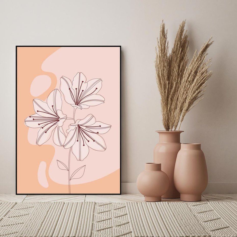 Obraz w ramie 50x70 - Kwiatowa Harmonia - minimalistyczny plakat, pudrowe kwiaty - rama czarna