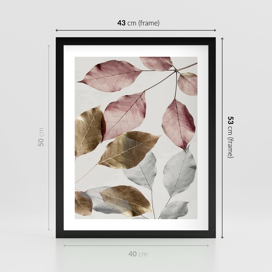 Plakat w ramie 40x50 - Pastelowe Liście z Nutką Złota - liście, pastelowe kolory - rama czarna
