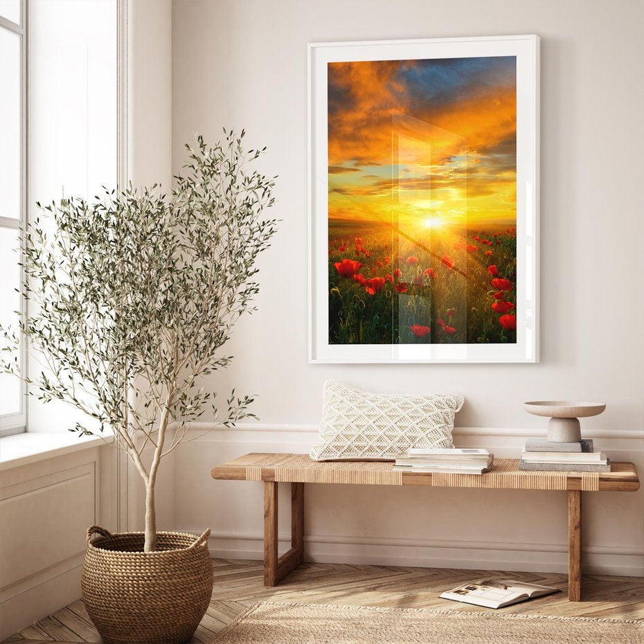 Plakat bez ramy 50x70 - Magia zachodu słońca na łące z makami - łąka, zachód słońca