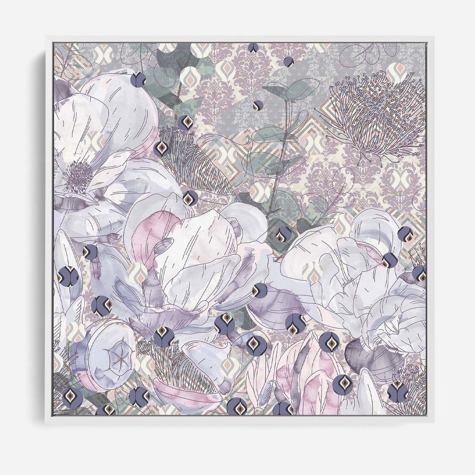 Obraz w ramie 80x80 - Malowane oddechy istnienia - pomieszane tekstury, kwiatowe elementy - rama biała