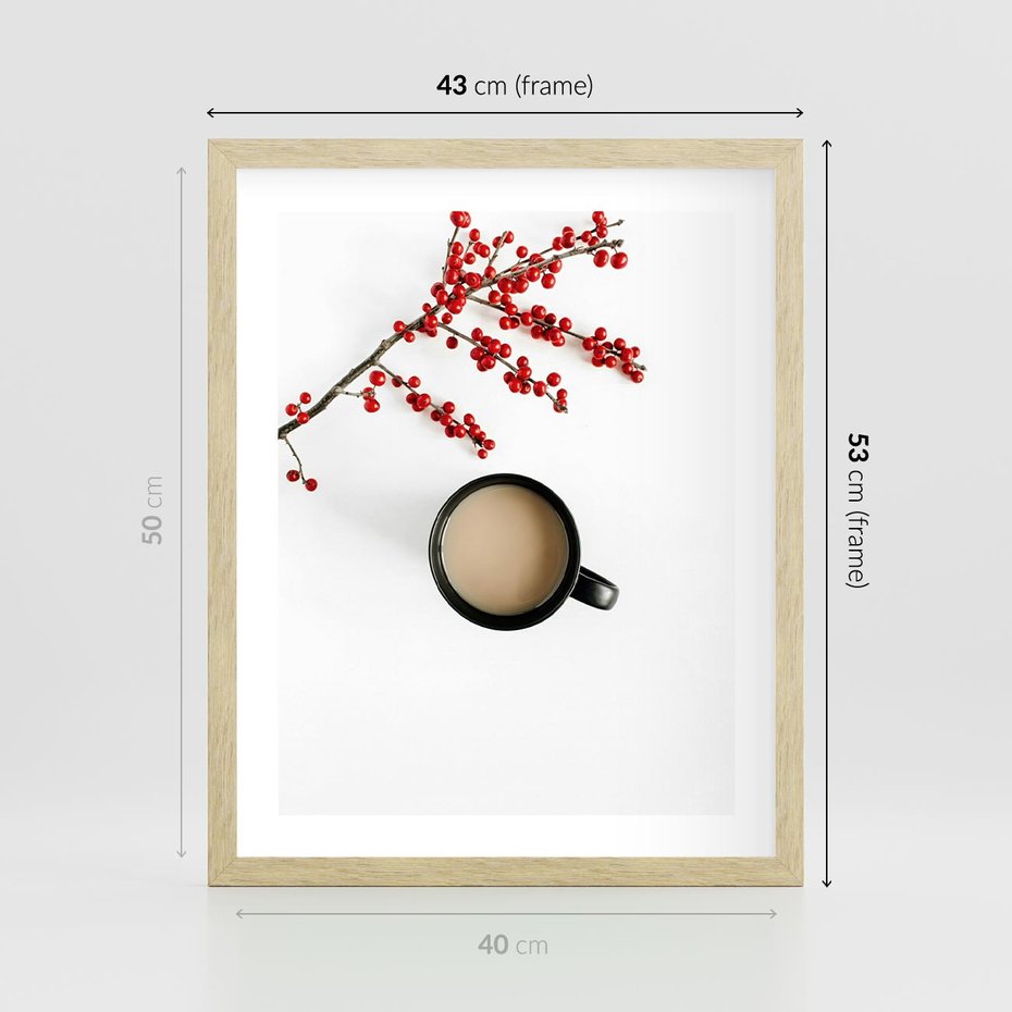 Plakat w ramie 40x50 - Filiżanka Kawy z Gałązką Jarzębiny - kawa, gałązka jarzębiny - rama drewno