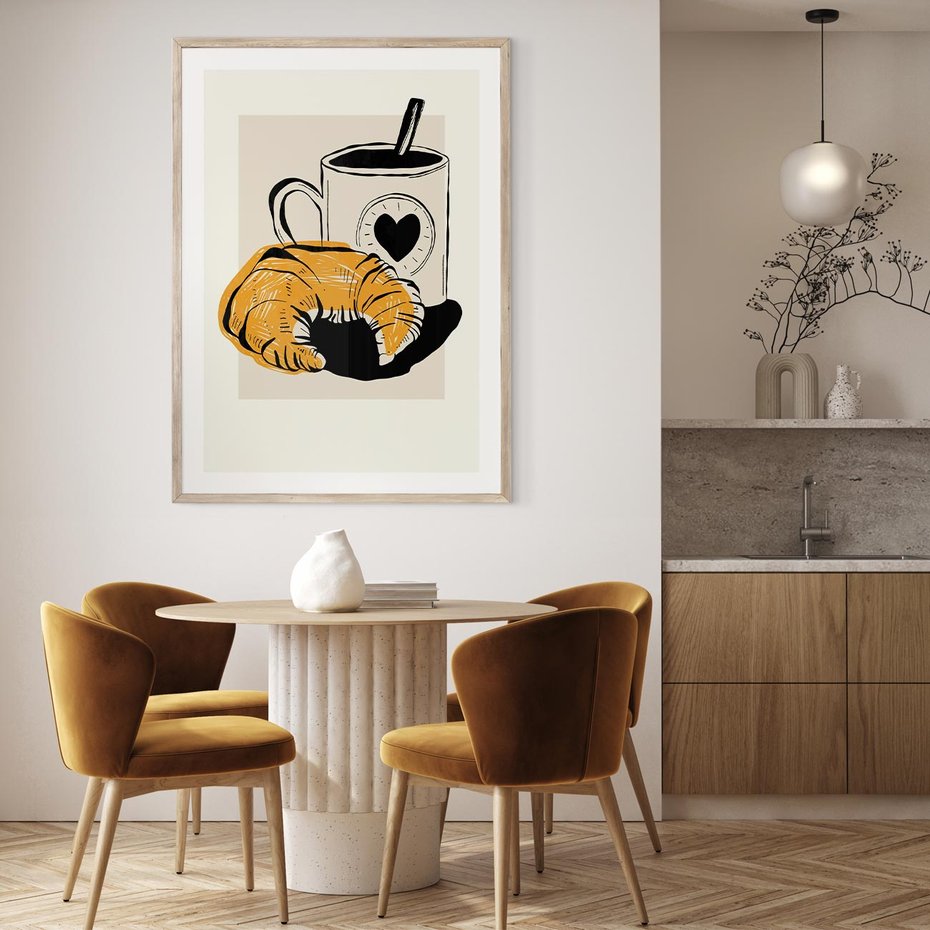 Plakat w ramie 30x40 - Śniadanie z Croissantem - grafika, croisant - rama drewno