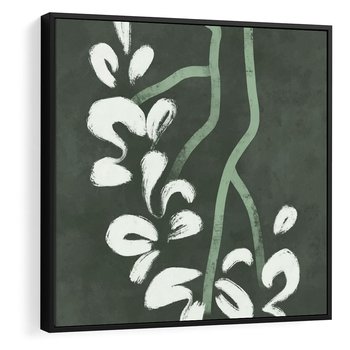 Obraz w ramie 50x50 - Rozkwitające Zielone Gałęzie - abstrakcyjne delikatne zielone linie, podobne do gałęzi kwiatów - rama czarna