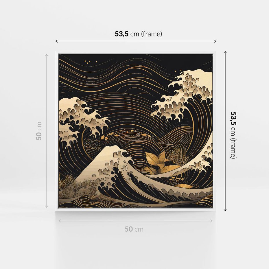 Obraz w ramie 50x50 - Złote Piękno - ciemny obraz, fala morska - rama biała