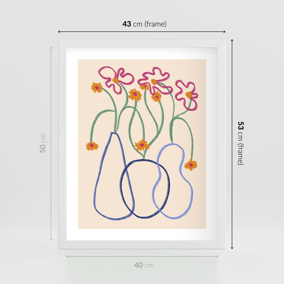 Plakat w ramie 40x50 - Migocące Pastelowe Impresje - minimalistyczny abstrakcyjny obraz, prymitywne kwiatki - rama biała