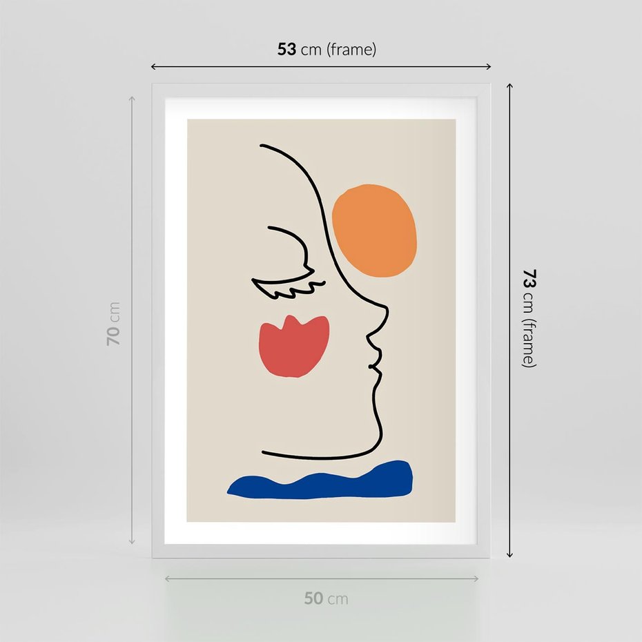 Plakat w ramie 50x70 - Taniec Przenikających Plam - abstrakcyjny obraz, przypomina twarz - rama biała