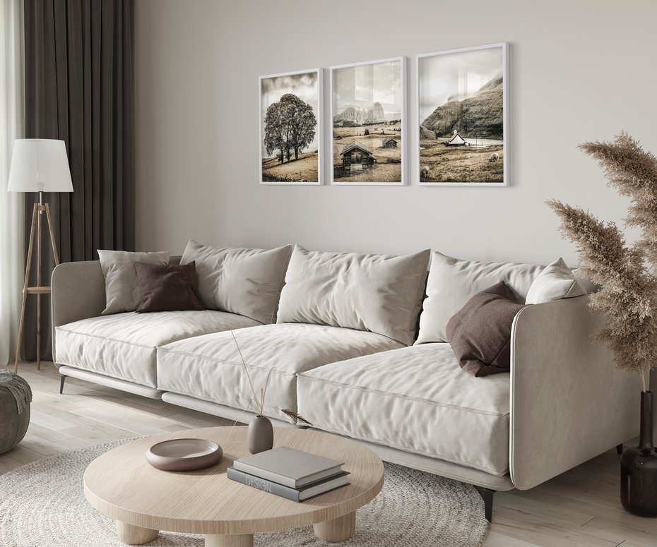 Zestaw obrazy w ramie 40x50 galeria - Górski, krajobraz, sepia - rama biała