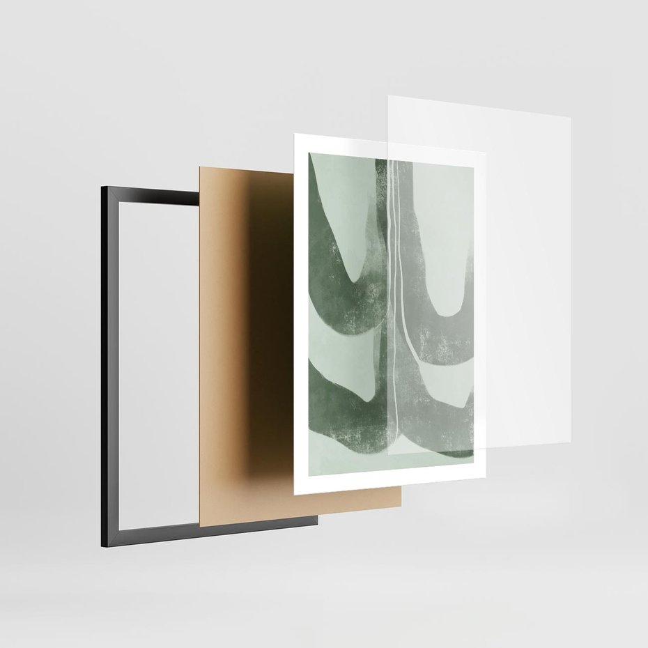 Plakat w ramie 50x70 - Nurtująca Kompozycja Zieleni - abstrakcyjne delikatne zielone linie, podobne do gałęzi kwiatów - rama czarna