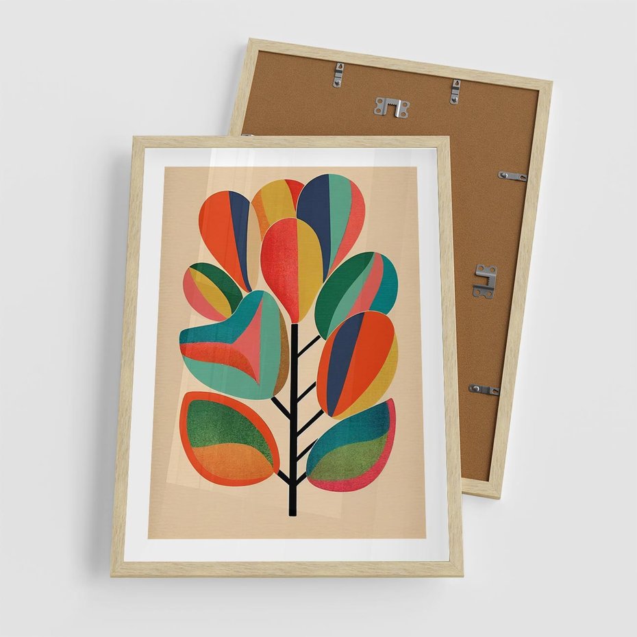 Plakat w ramie 50x70 - Wnętrza Kształtów - abstrakcyjny kolorowy tęczowy obraz, inspiracje roślinne - rama drewno