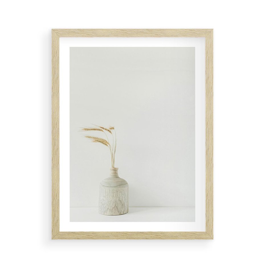 Plakat w ramie 50x70 - Sztuka Prostoty - minimalistyczny wazon, źdźbła traw - rama drewno