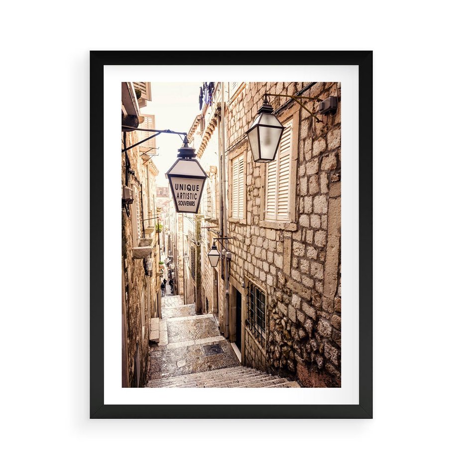 Plakat w ramie 50x70 - mistyczna podróż - uliczka, perspektywa - rama czarna