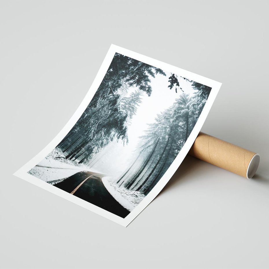 Plakat bez ramy 30x40 - Droga przez Zimowy Las - drzewa, śnieg