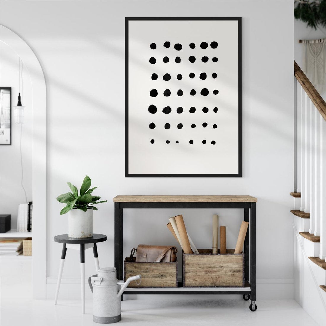 Plakat w ramie 50x70 - Refleksje Światła - minimalistyczna kompozycja, czarne kropkina białym tle - rama czarna