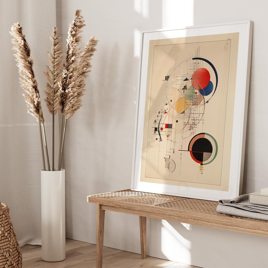 Plakat w ramie 50x70 - Impulsy Wydobyte z Cienia - abstrakcyjna geometryczna kompozycja, koła linie - rama biała