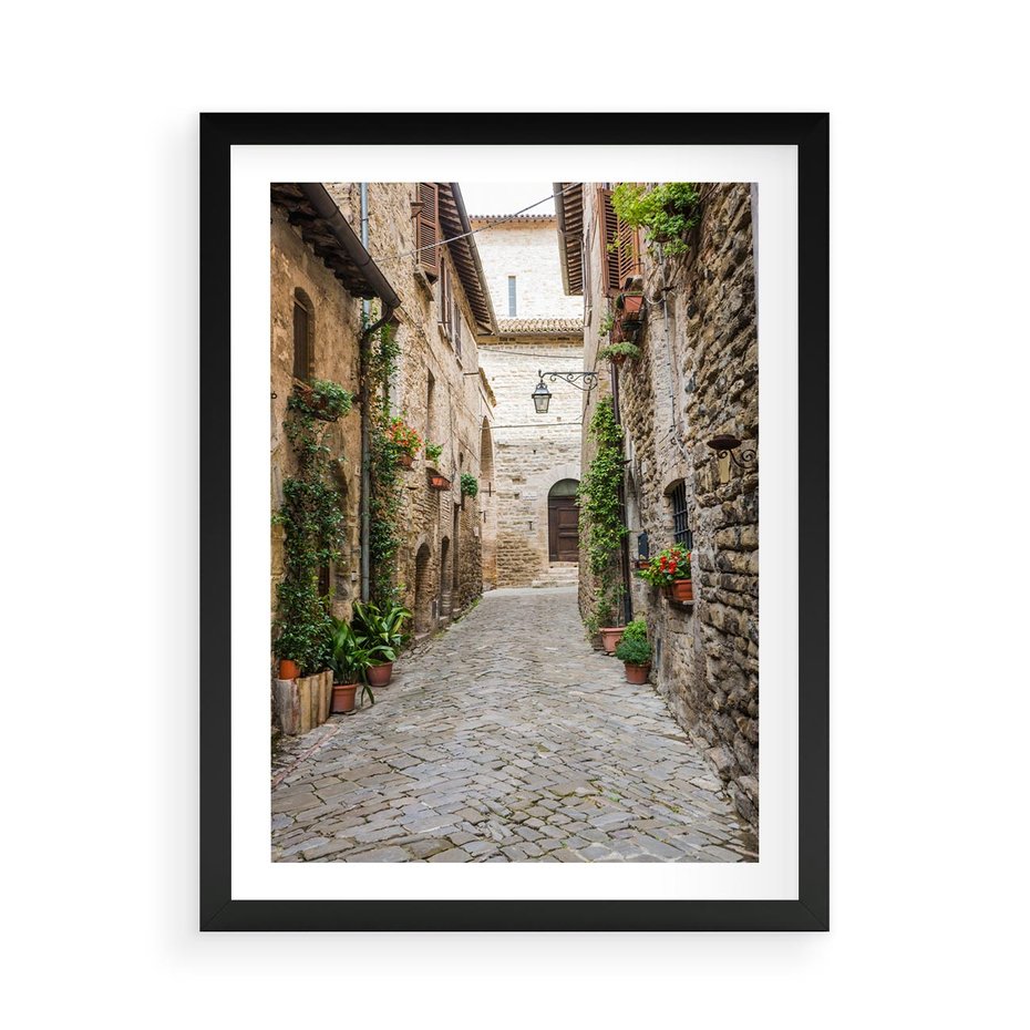 Plakat w ramie 50x70 - Urok Uliczki we Włoszech - uliczka, Włochy - rama czarna