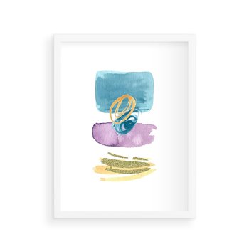 Plakat w ramie 30x40 - Taniec Akwarelowych Kresek - akwarelowe plamy w odcieniach błękitu, złote kreski - rama biała