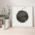 Obraz w ramie 50x50 - Wibracje Kolorów - abstrakcyjna czarna plama, rozsiane pomarańczowe kropki - rama biała