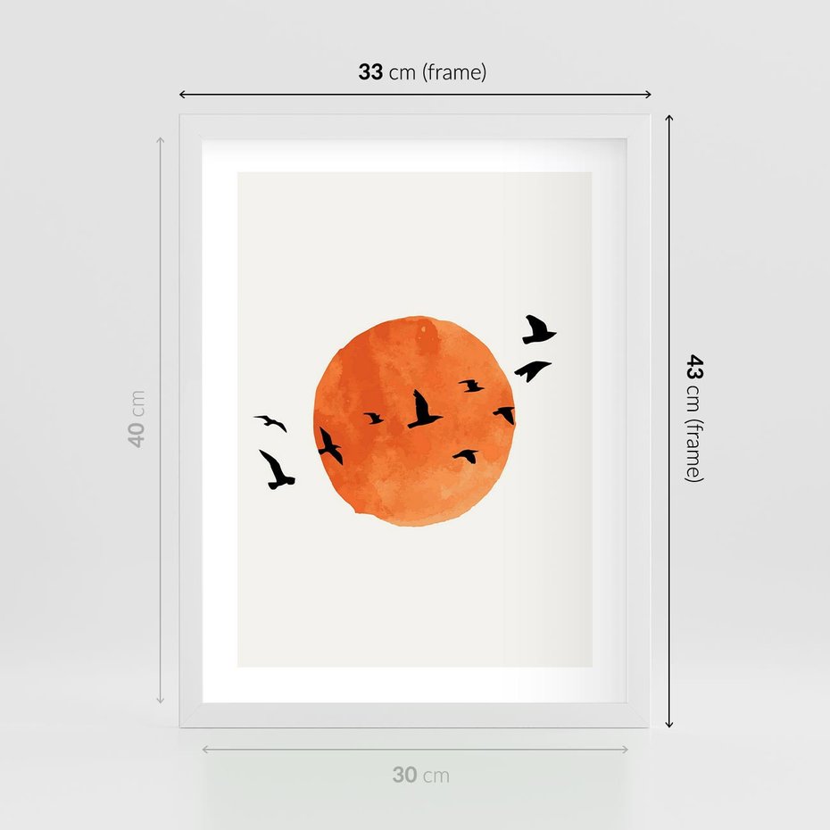 Plakat w ramie 30x40 - Zachód Słońca i Ptaki - grafika akwarela, czarne ptaki na tle zachodu słońca - rama biała