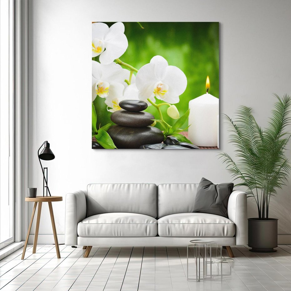 Obraz na płótnie 40x40 - Relaksacyjny SPA: masaż z kamieniami i kwiatami - SPA, masaż