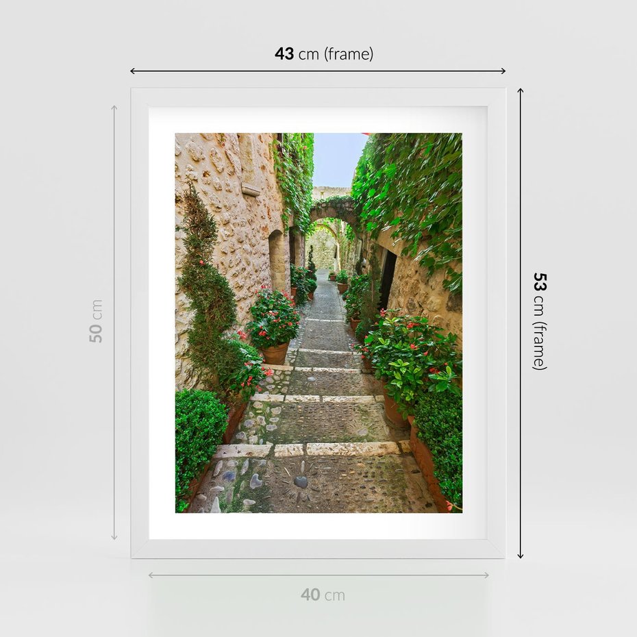Plakat w ramie 40x50 - Magiczna podróż w głąb miasta - uliczka, perspektywa - rama biała