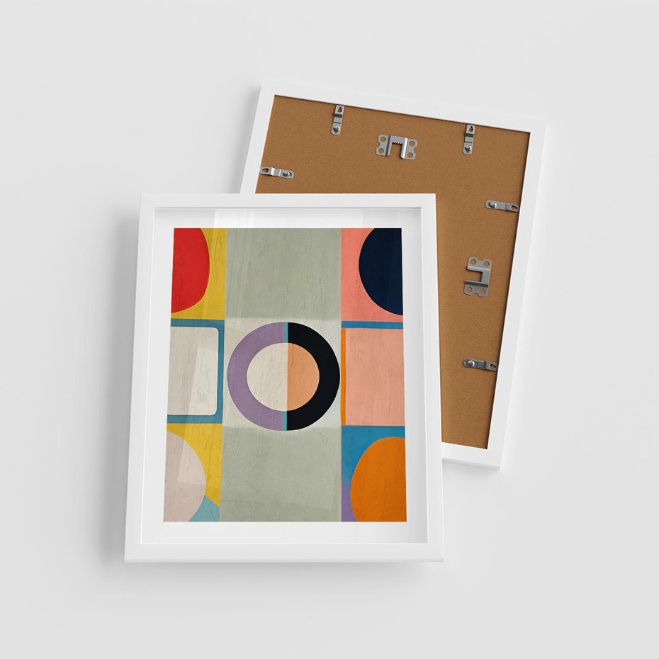 Plakat w ramie 40x50 - Taniec Kształtów Emocji - abstrakcyjne geometryczne kształty, olejny obraz - rama biała