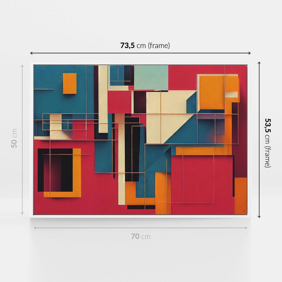 Obraz w ramie 70x50 - Przejście przez labirynt myśli - kolorowa abstrakcja, instalacja z prostokątów i lini - rama biała