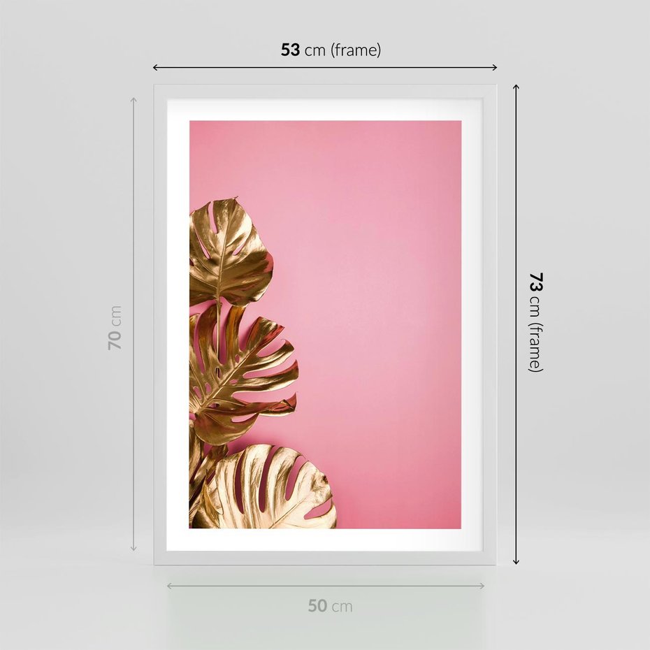 Plakat w ramie 50x70 - Luksusowa Elegancja - złote, liście - rama biała