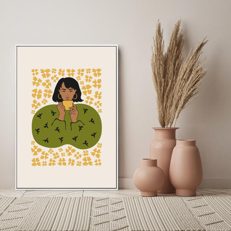 Obraz w ramie 70x100 - Wewnętrzne Fale - nowoczesny plakat, kobieta otoczona liśćmi - rama biała