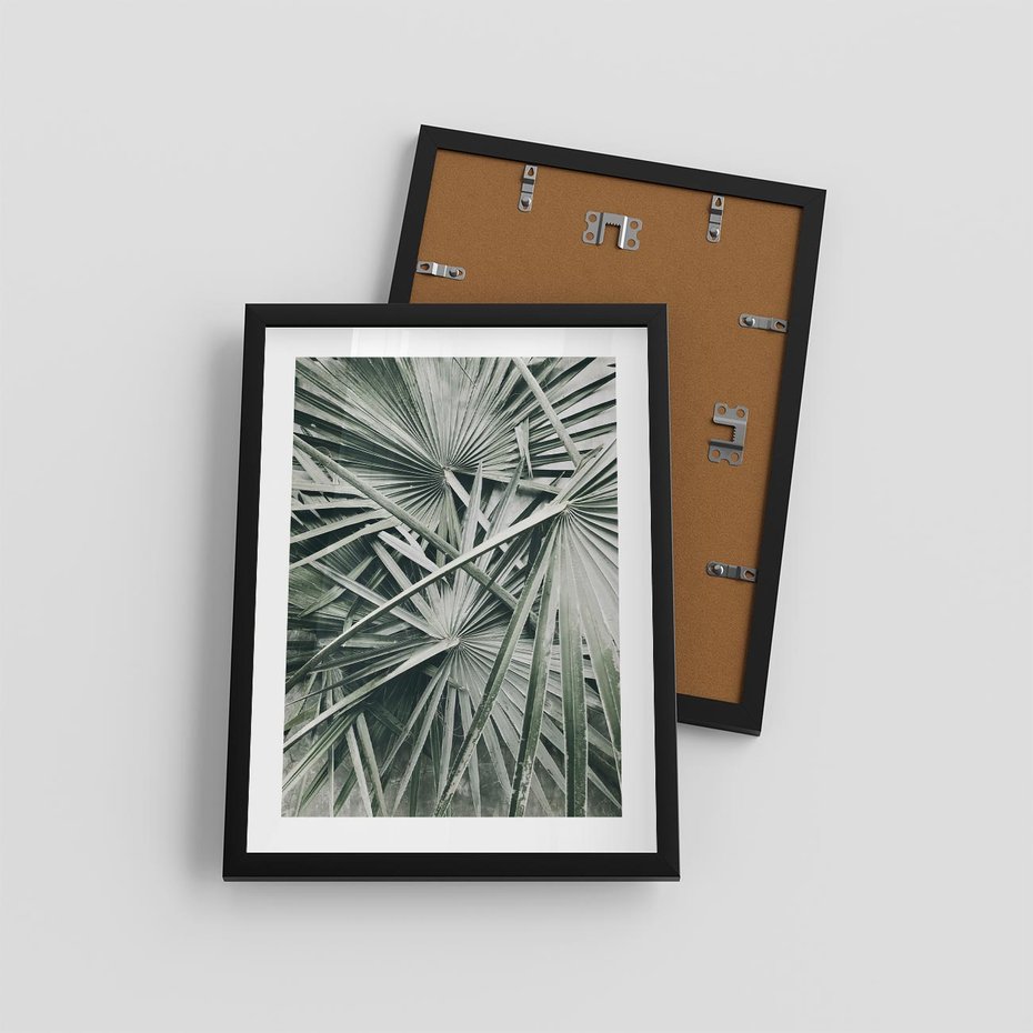 Plakat w ramie 30x40 - Palmy w Zgaszonej Zieleni - palmy, tropikalne liście - rama czarna