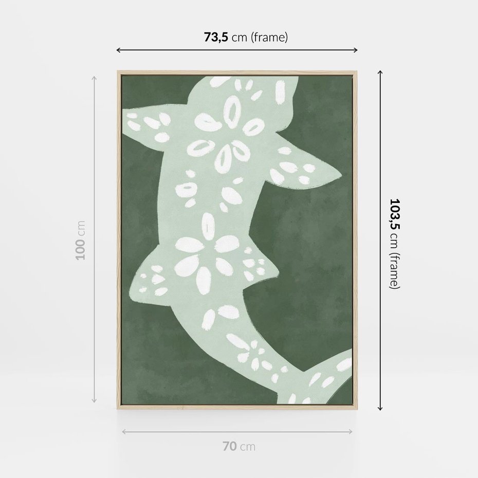 Obraz w ramie 70x100 - Migotliwe Wibracje Zieleni - zielony plakat, abstrakcja przypominająca rybę - rama drewno