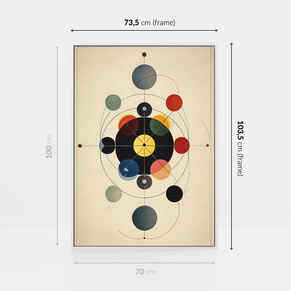 Obraz w ramie 70x100 - Bezgraniczny Taniec Światła - abstrakcyjna geometryczna kompozycja, koła linie - rama biała