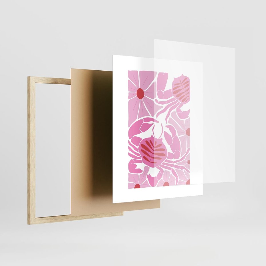 Plakat w ramie 40x50 - Roztańczone Kraby - różowe kwiaty i kraby, abstrakcyjna kompozycja - rama drewno