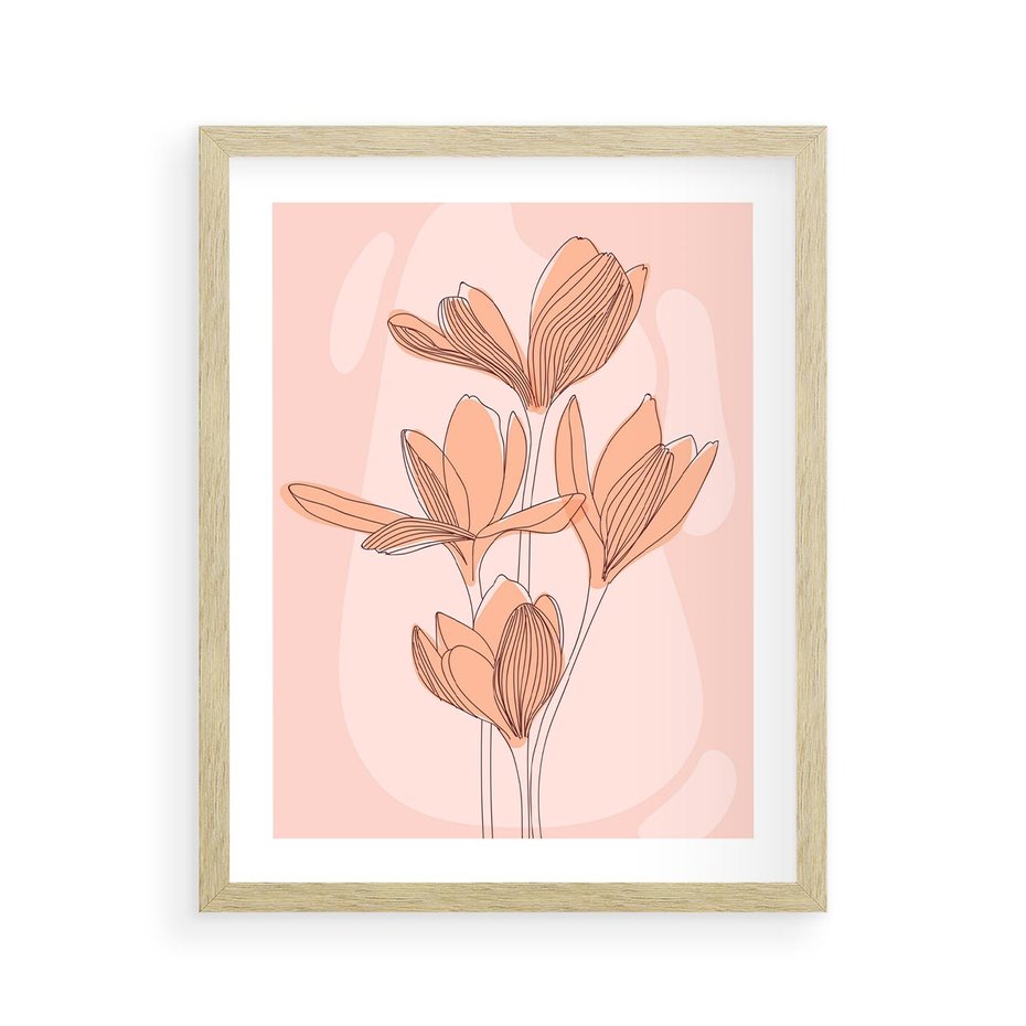 Plakat w ramie 40x50 - Przenikające Kształty - minimalistyczny plakat, pudrowe kwiaty - rama drewno