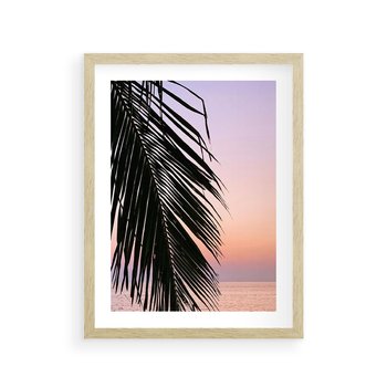 Plakat w ramie 40x50 - Liście Palmy nad Morzem - zachód słońca, liście palmy na tle nieba i morza - rama drewno