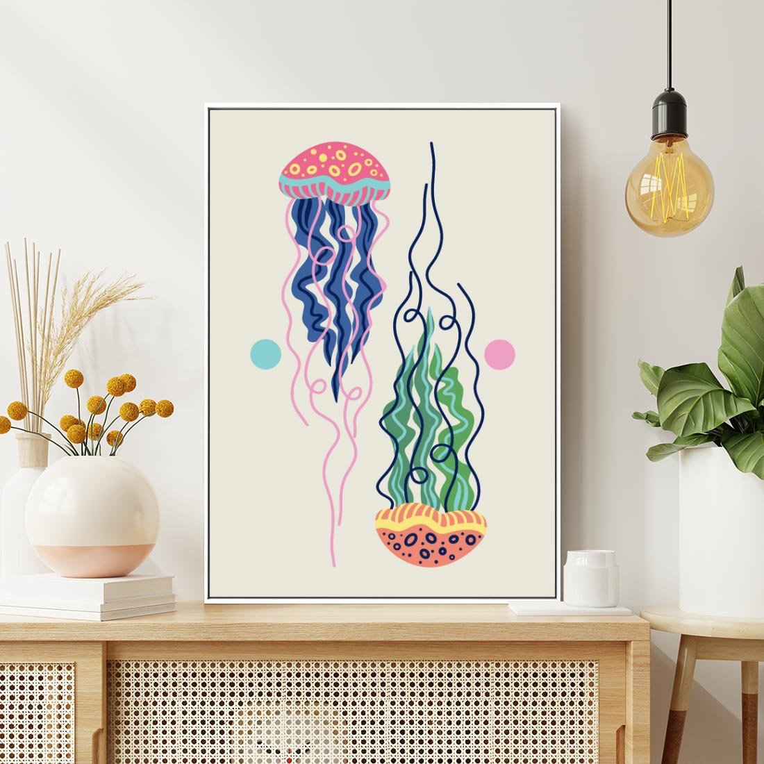 Obraz w ramie 50x70 - Morskie Pulsacje - nowoczesny optymistyczny plakat, kolorowe meduzy - rama biała