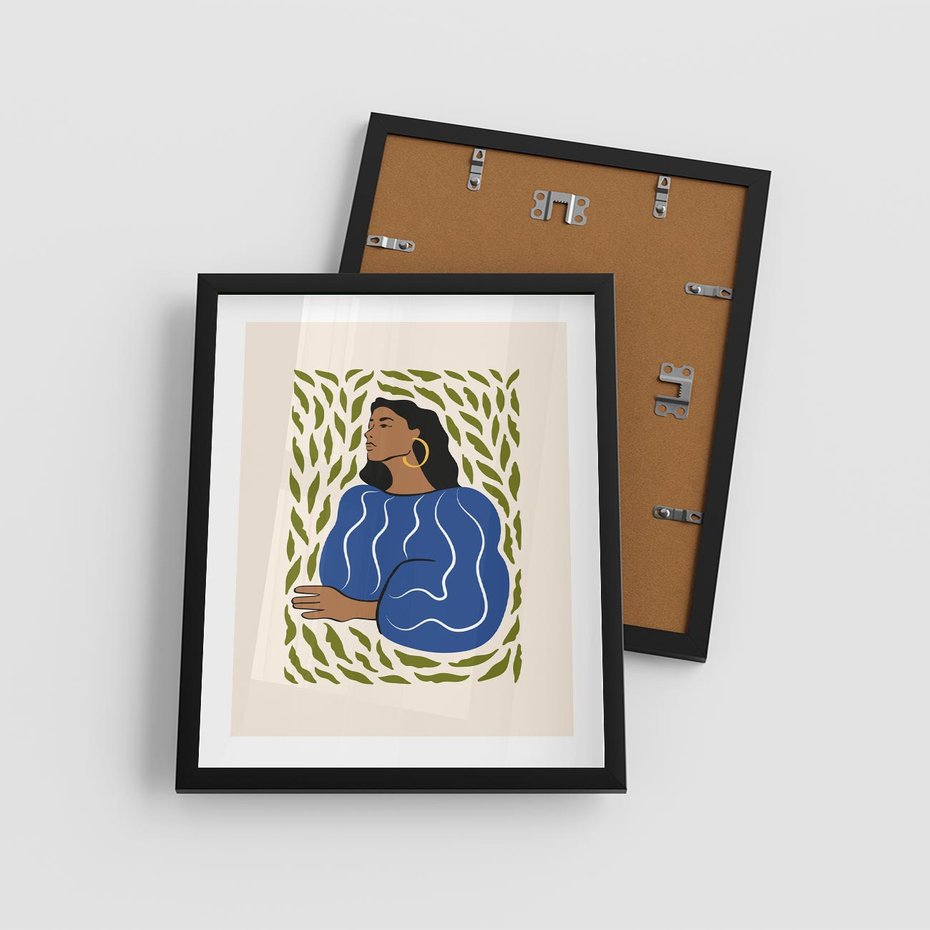 Plakat w ramie 40x50 - Rozbite Barwy - nowoczesny plakat, kobieta otoczona liśćmi - rama czarna