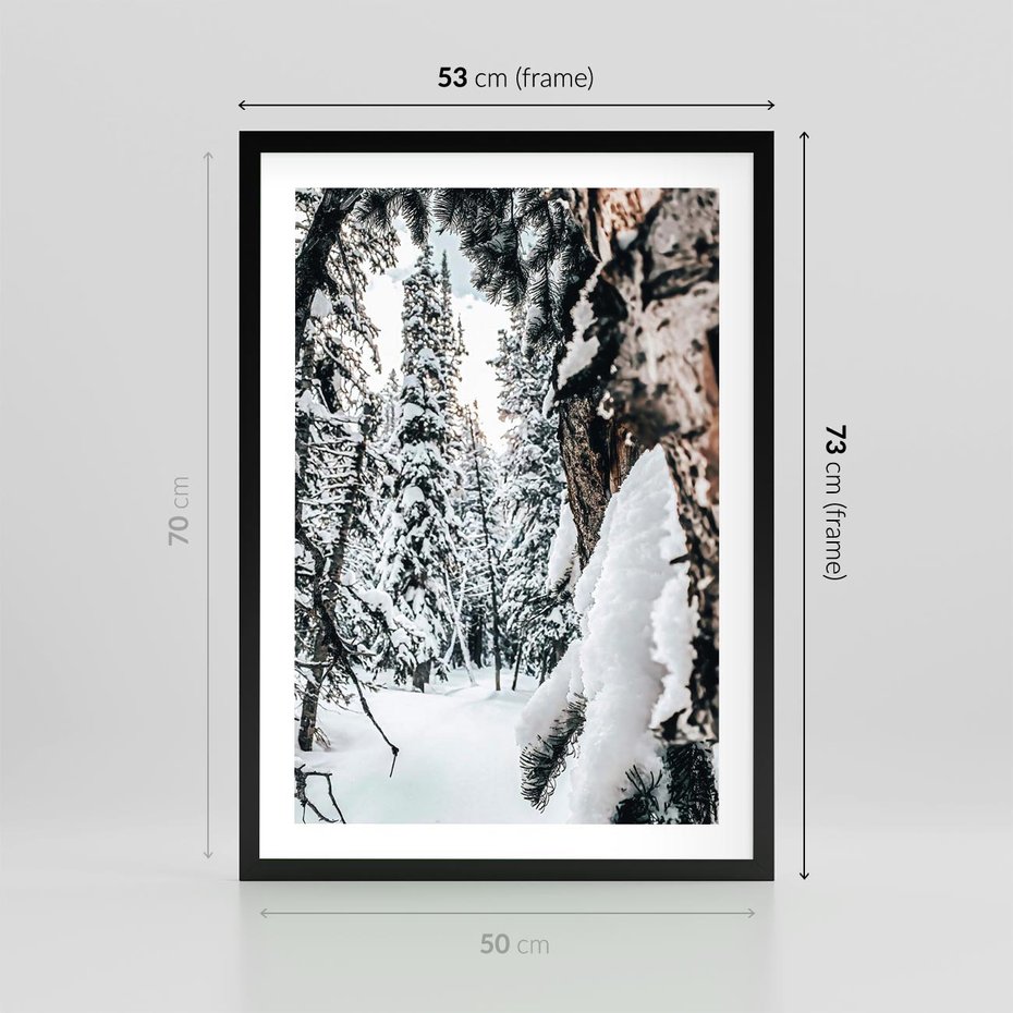 Plakat w ramie 50x70 - Drzewa pod Śniegiem - zima las, drzewa pod śniegiem - rama czarna
