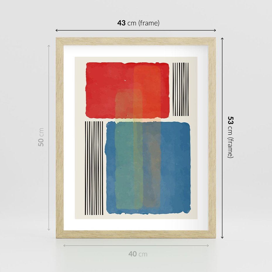 Plakat w ramie 40x50 - Kolorowe Spektrum - kolorowa geometria, prostokąty w intensywnych kształtach i czarne kreski - rama drewno