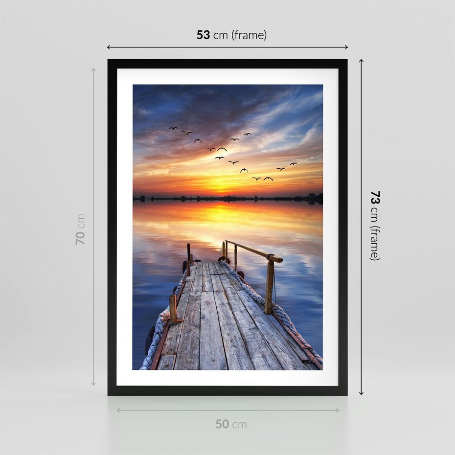 Plakat w ramie 50x70 - Zachód słońca na pomostcie - pomost, zachód - rama czarna