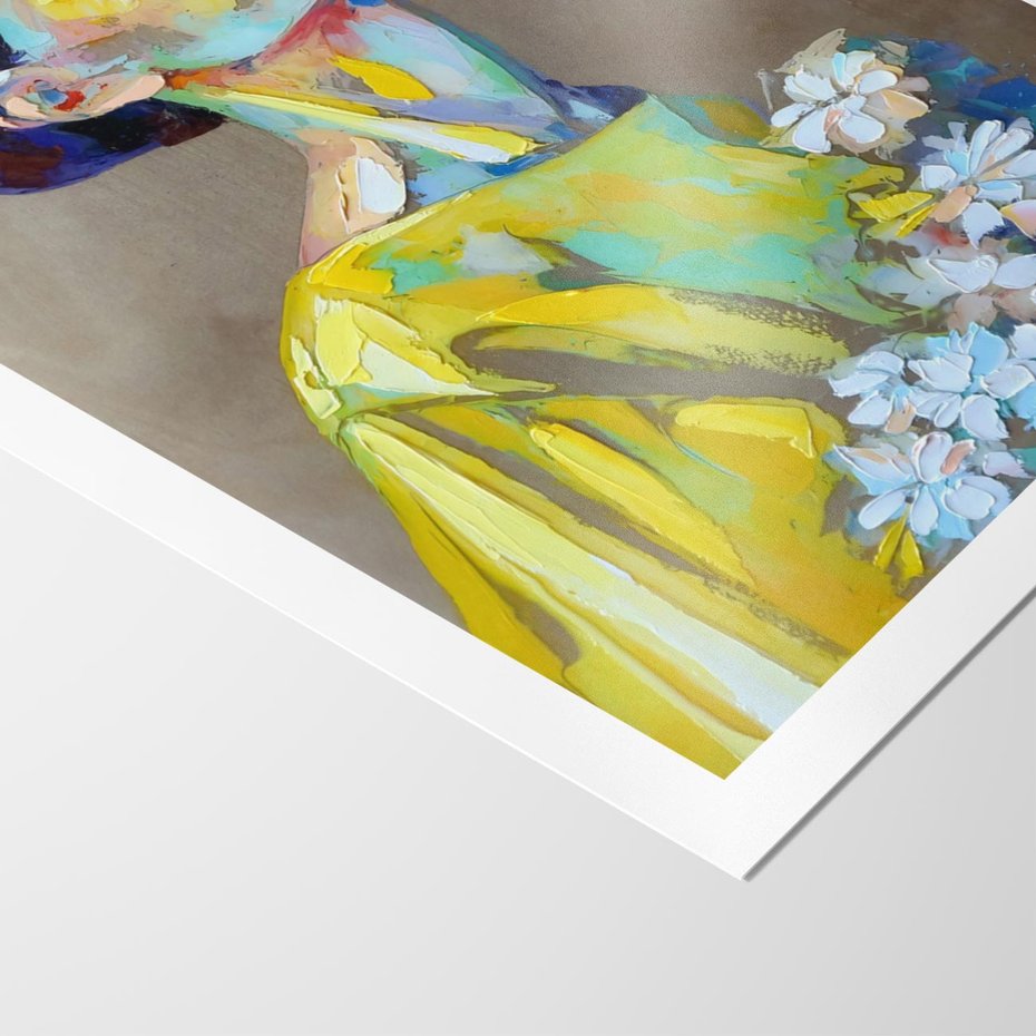 Plakat bez ramy 21x30 - W Żółtej Sukience - olejny abstrakcyjny obraz, portret kobiety w żółtej sukience