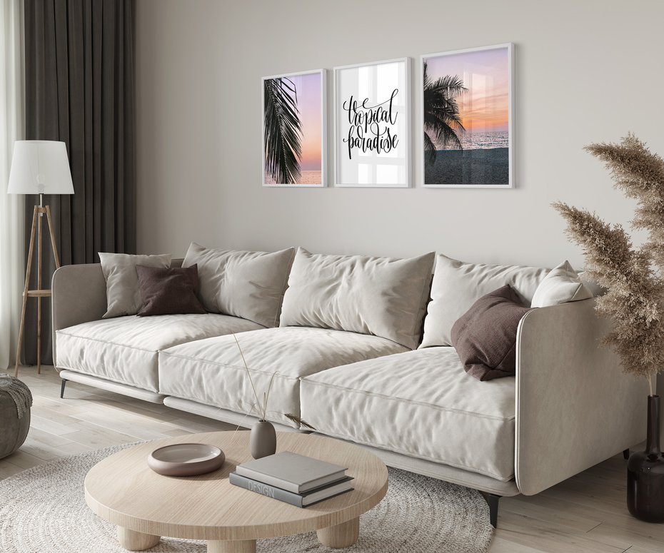 Zestaw obrazy w ramie 40x50 galeria - Tropikalne, palmy, zachód, słońca - rama biała