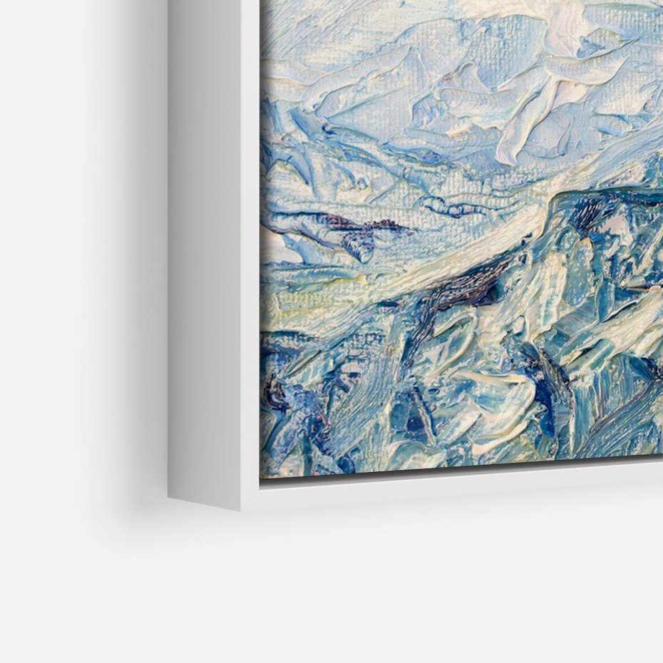 Obraz w ramie 120x80 - Majestat Błękitnych Szczytów - olejny obraz, górski pejzaż - rama biała