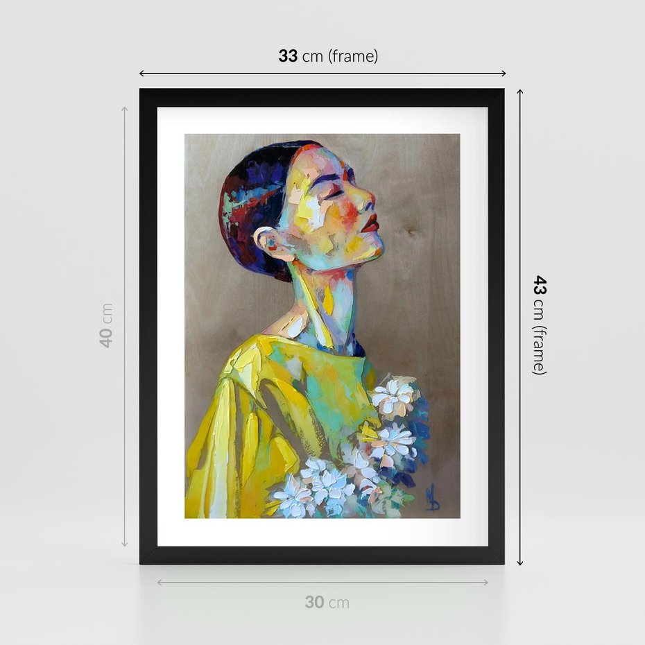 Plakat w ramie 30x40 - W Żółtej Sukience - olejny abstrakcyjny obraz, portret kobiety w żółtej sukience - rama czarna