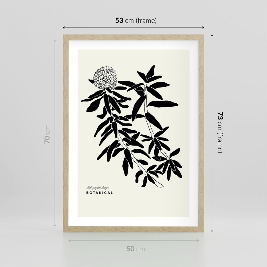 Plakat w ramie 50x70 - Szept kwiatowej wyobraźni - czarno biała grafika, roślinność - rama drewno